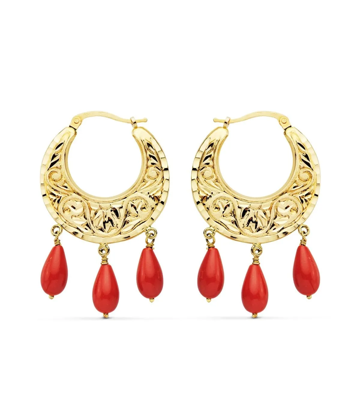 Créoles Facettées Corail Or Jaune 18 K 25 MM