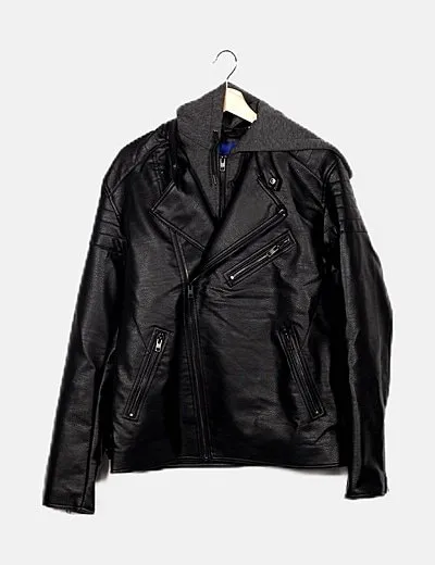 Jack & Jones Cazadora biker negra capucha neopreno