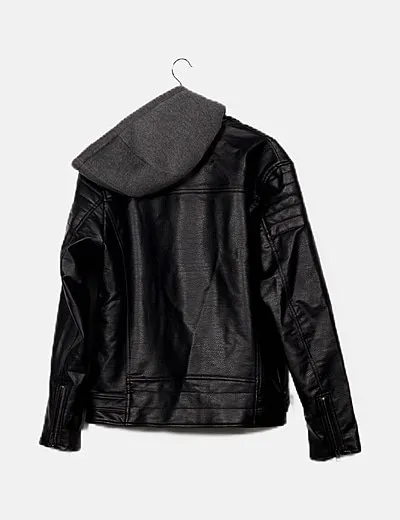 Jack & Jones Cazadora biker negra capucha neopreno