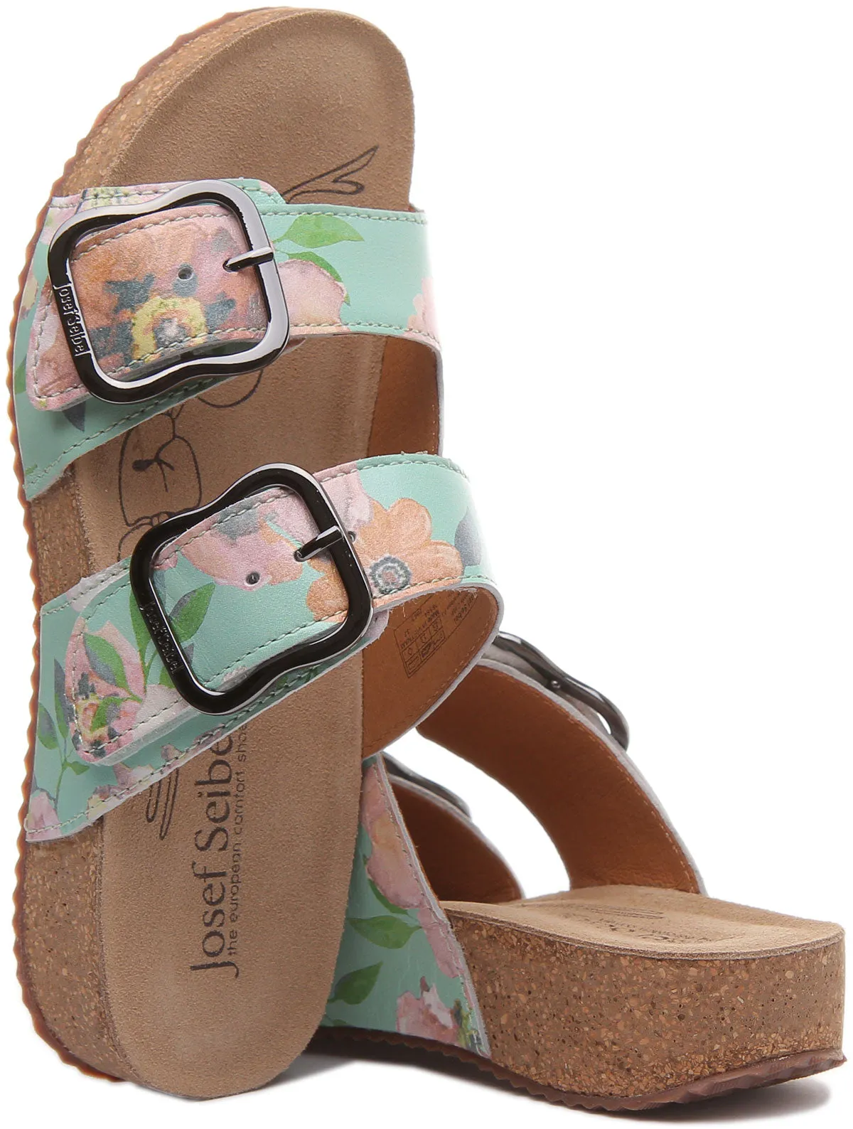 Josef Seibel Tonga 64 Sandalia de cuero floral con 2 hebillas para mujer en menta