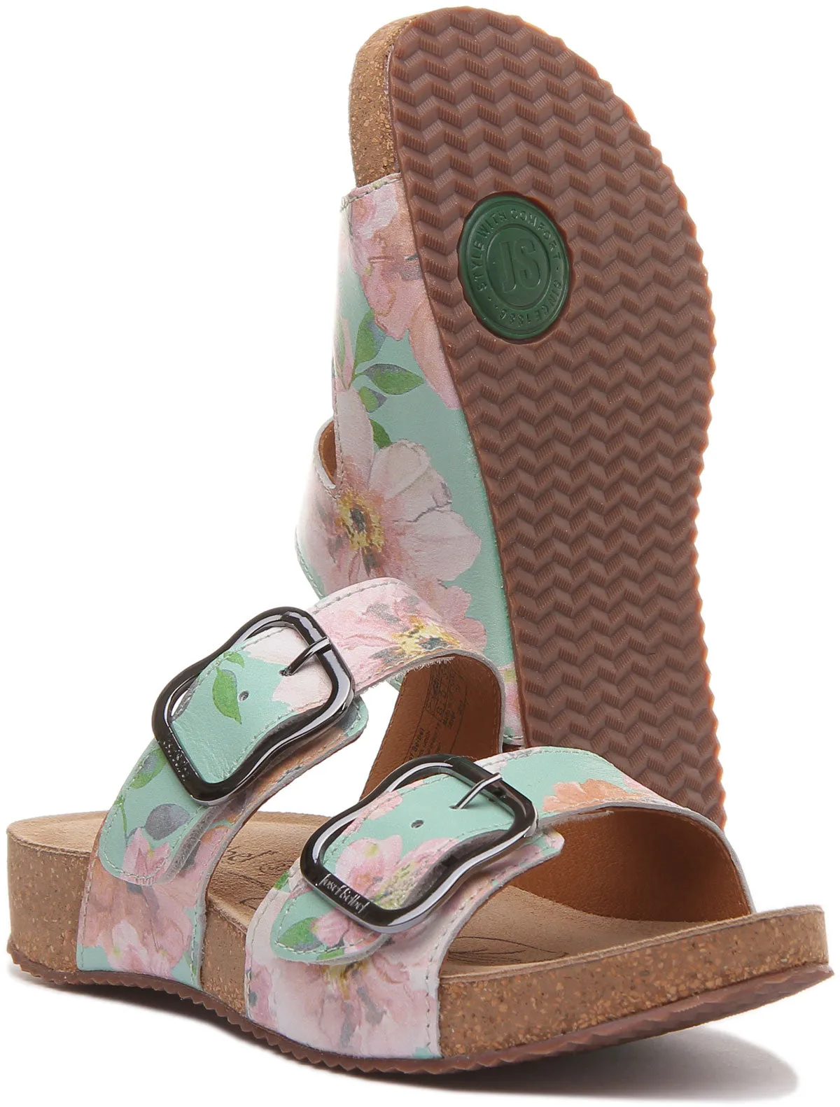 Josef Seibel Tonga 64 Sandalia de cuero floral con 2 hebillas para mujer en menta