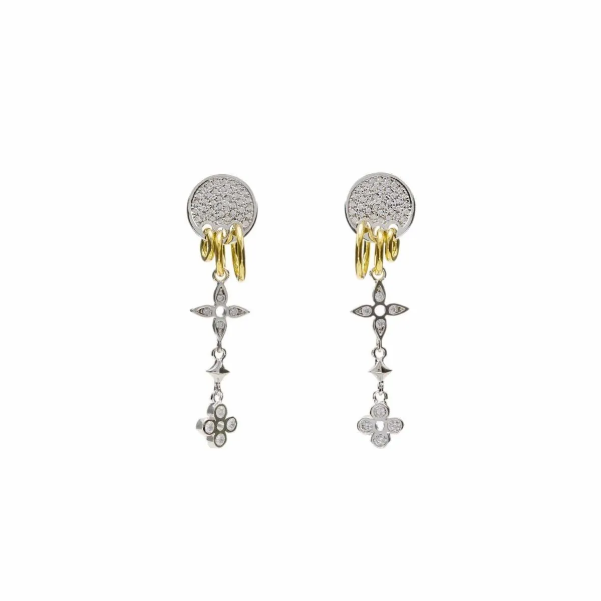 Pendientes largos finos de plata con charms de flores y circonitas