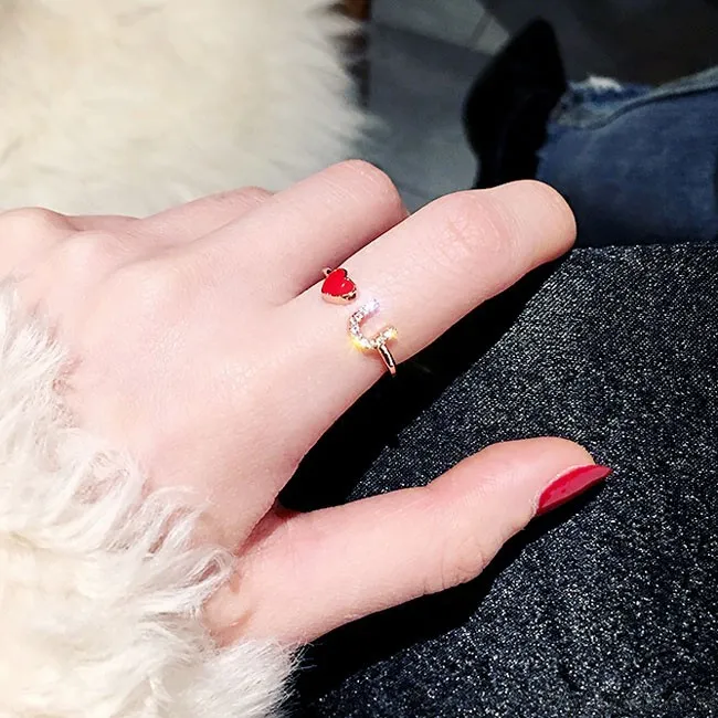Personality Airplane Butterfly Love Strawberry Rhinestone Adjustable Open Ring