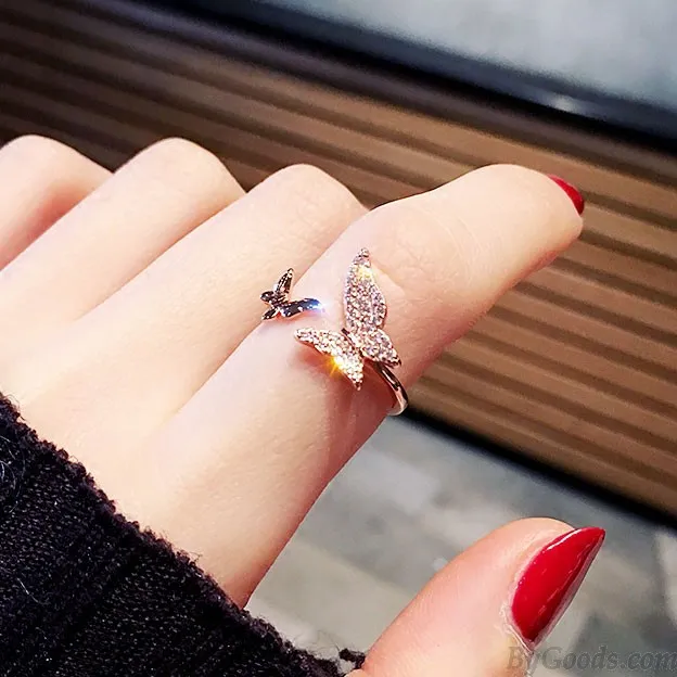 Personality Airplane Butterfly Love Strawberry Rhinestone Adjustable Open Ring