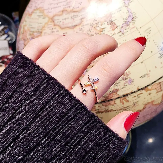Personality Airplane Butterfly Love Strawberry Rhinestone Adjustable Open Ring