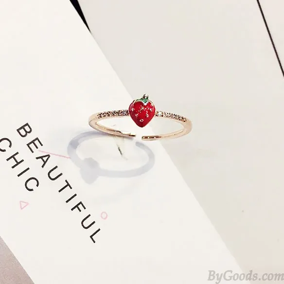 Personality Airplane Butterfly Love Strawberry Rhinestone Adjustable Open Ring