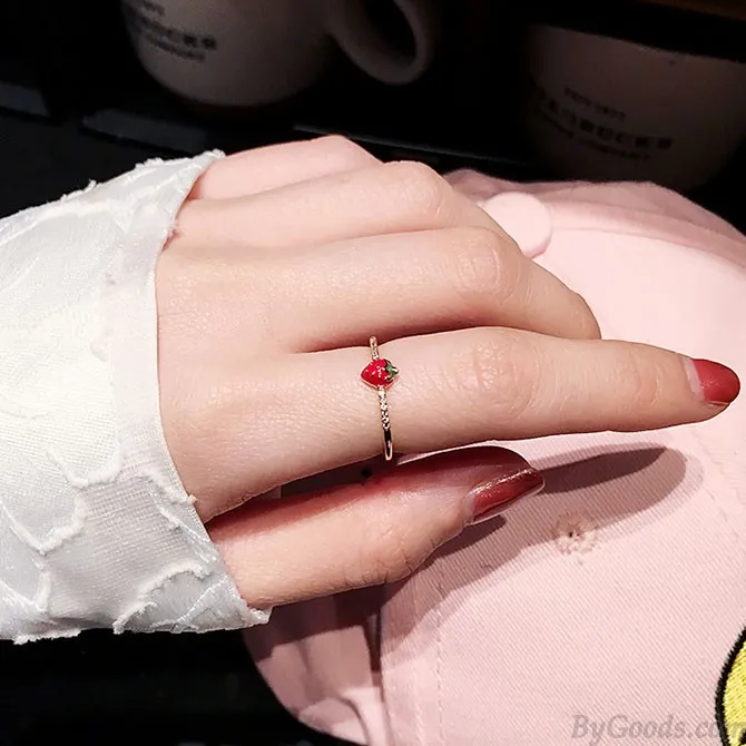 Personality Airplane Butterfly Love Strawberry Rhinestone Adjustable Open Ring