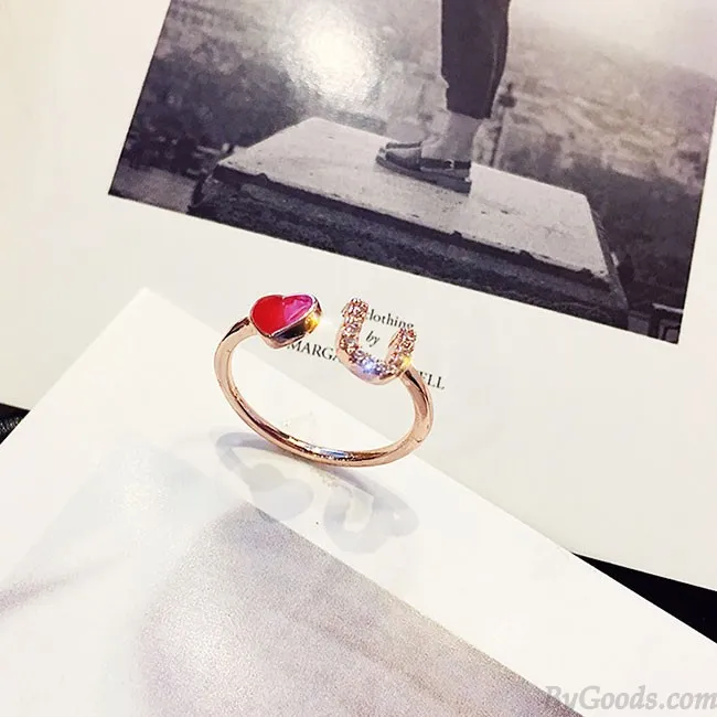 Personality Airplane Butterfly Love Strawberry Rhinestone Adjustable Open Ring