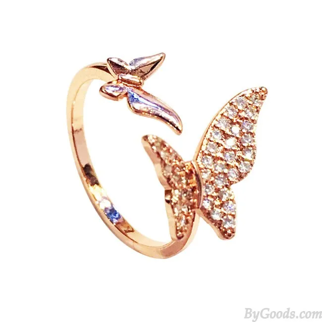 Personality Airplane Butterfly Love Strawberry Rhinestone Adjustable Open Ring