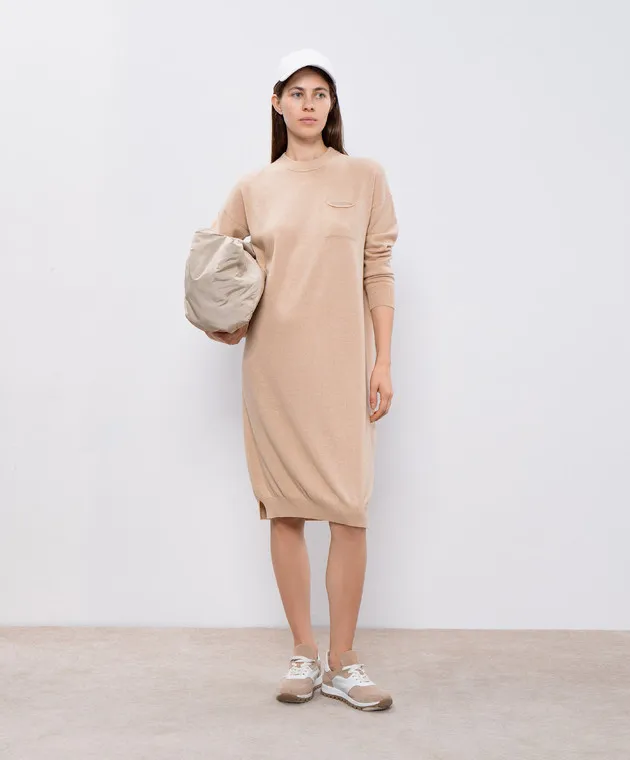 Peserico Brown wool, silk and cashmere dress with monil chain