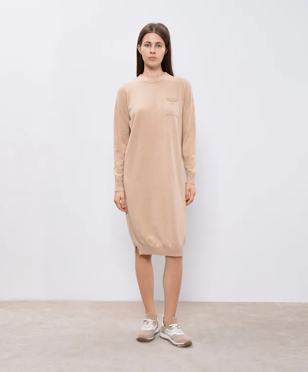 Peserico Brown wool, silk and cashmere dress with monil chain