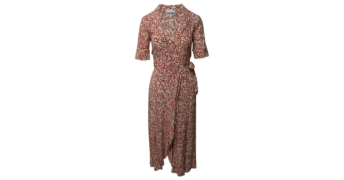 Vestido cruzado estampado Ganni en viscosa blanca y roja 