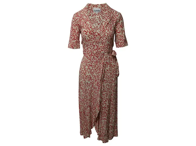 Vestido cruzado estampado Ganni en viscosa blanca y roja 