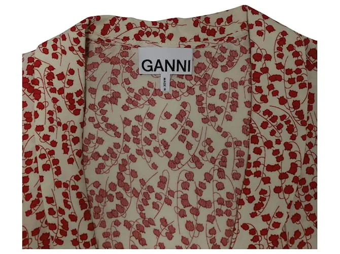 Vestido cruzado estampado Ganni en viscosa blanca y roja 