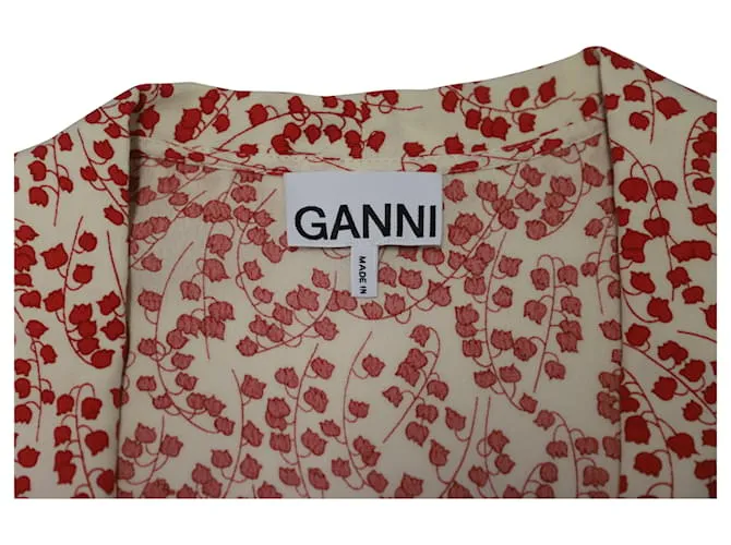 Vestido cruzado estampado Ganni en viscosa blanca y roja 