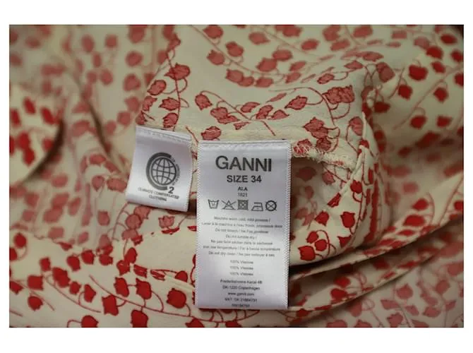 Vestido cruzado estampado Ganni en viscosa blanca y roja 