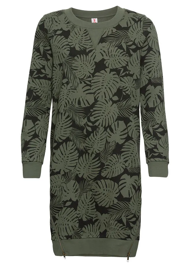 VESTIDO ESTAMPADO TIPO SUDADERA VERDE OLIVA OSCURONEGRO ESTAMPADO