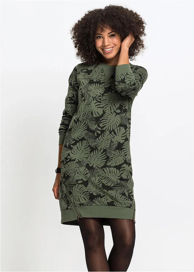 VESTIDO ESTAMPADO TIPO SUDADERA VERDE OLIVA OSCURONEGRO ESTAMPADO