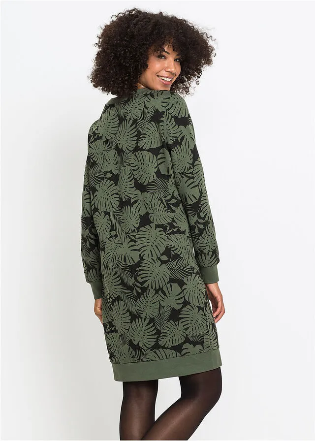 VESTIDO ESTAMPADO TIPO SUDADERA VERDE OLIVA OSCURONEGRO ESTAMPADO