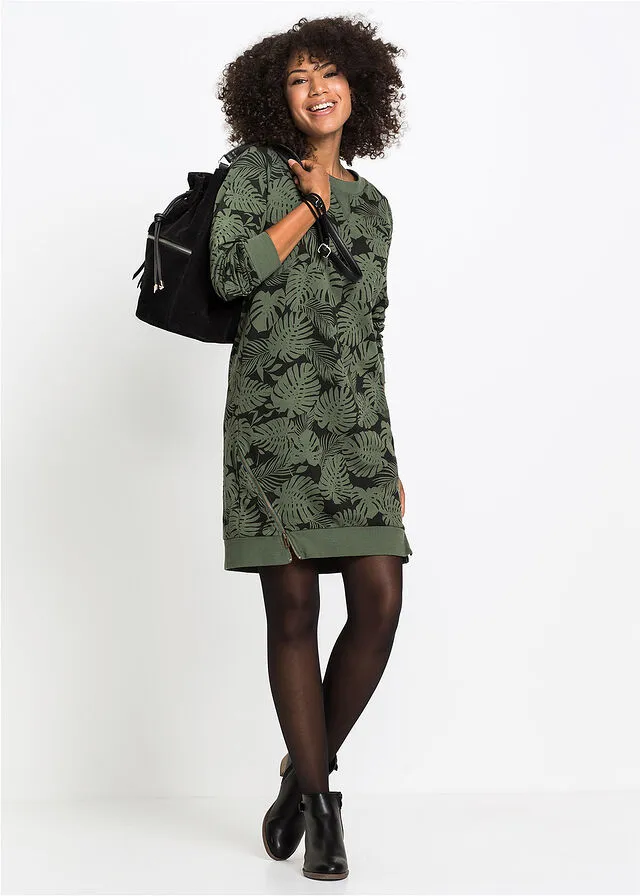 VESTIDO ESTAMPADO TIPO SUDADERA VERDE OLIVA OSCURONEGRO ESTAMPADO
