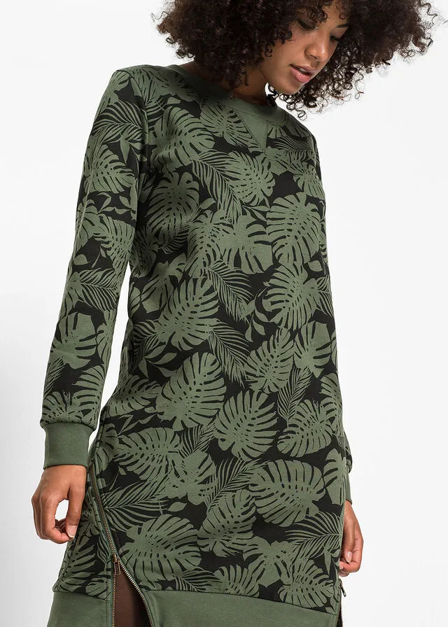 VESTIDO ESTAMPADO TIPO SUDADERA VERDE OLIVA OSCURONEGRO ESTAMPADO