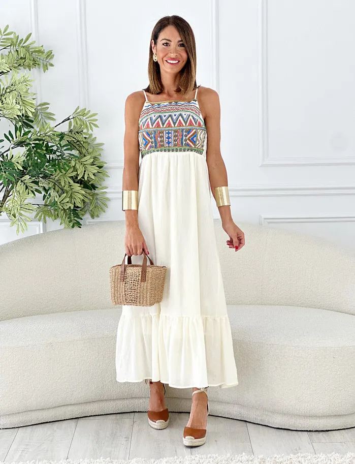 Vestido indiana bordado beige