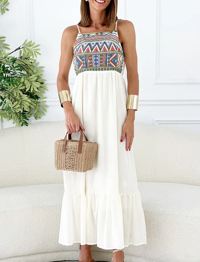 Vestido indiana bordado beige