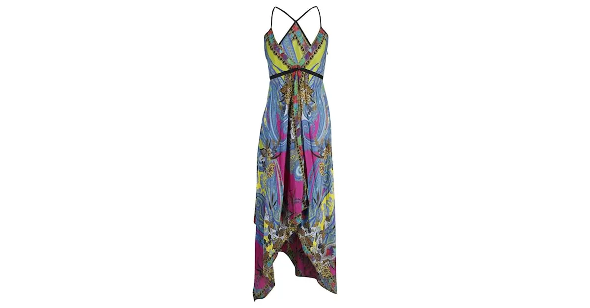 Vestido largo con cuello halter estampado en seda multicolor de Etro 