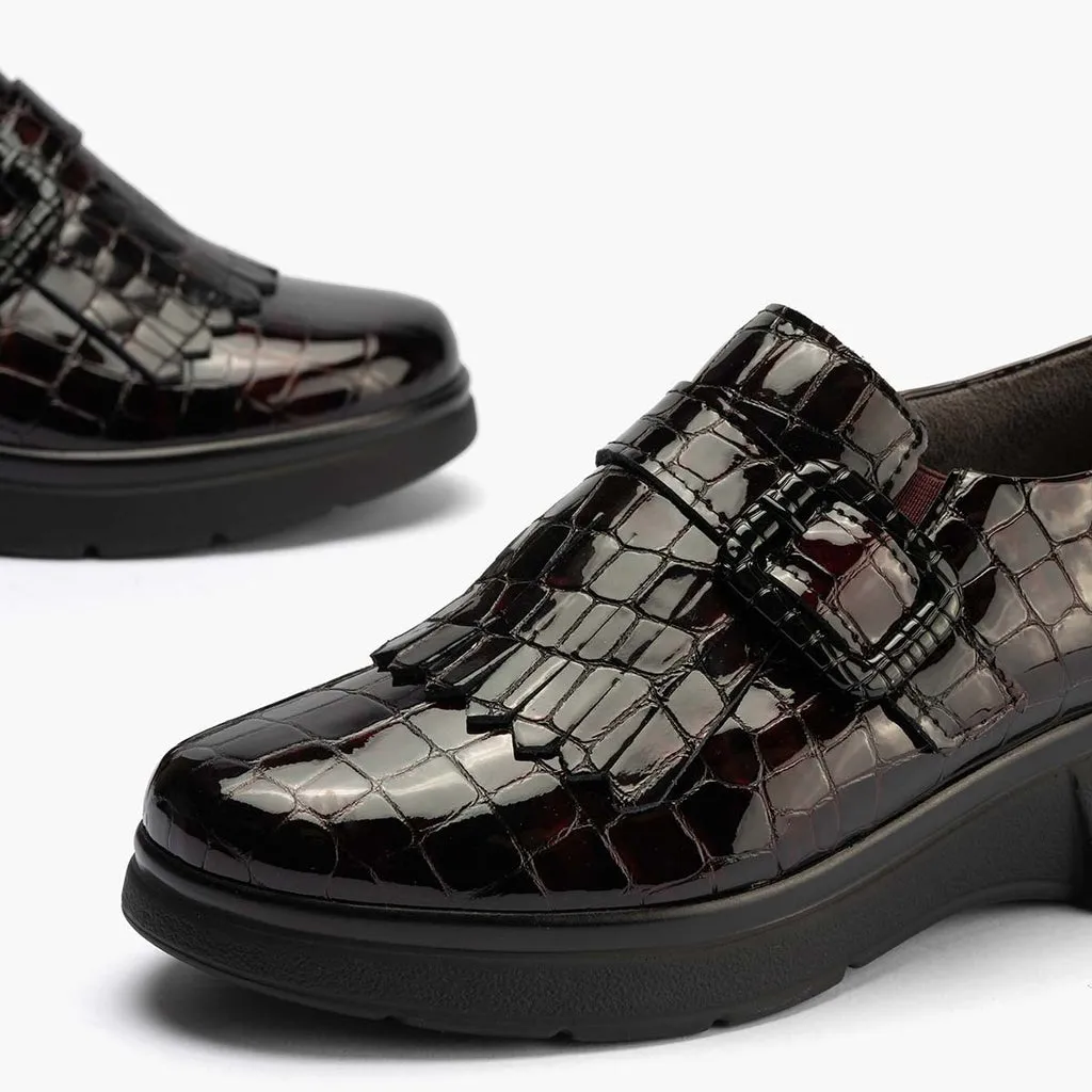 Zapato Abotinado Flecos Coco de mujer color burdeos